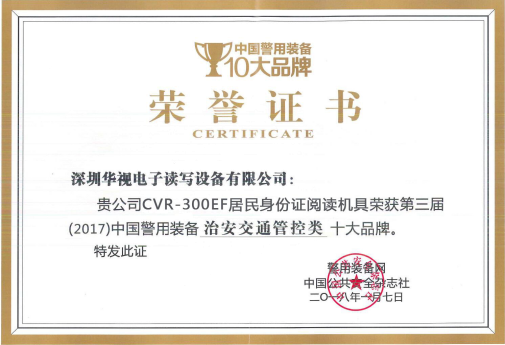 十大品牌榮譽(yù)證書